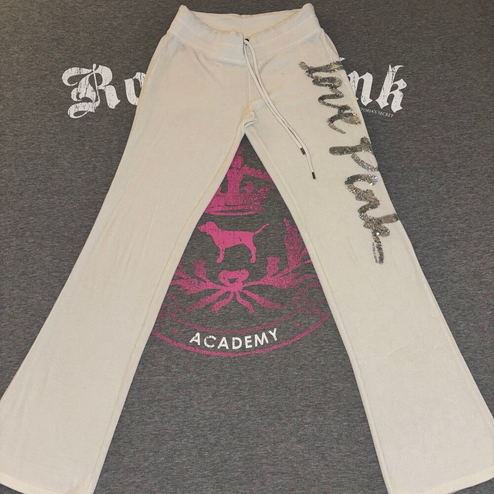 Rare VS PINK White Velour Velvet Holographic Sequin Bling Matching Outfit Set XS - Picture 8 of 13